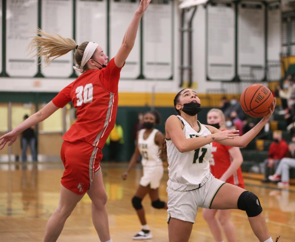 FDR's Maia Stewart goes for a shot against Red Hook's Morgan Tompkins during Wednesday's game in Staatsburg on January 26, 2022.