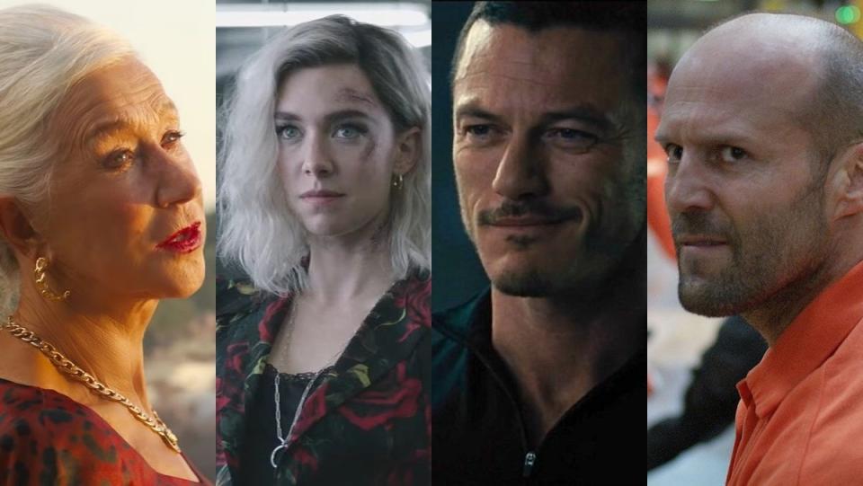 Split images of Helen Mirren, Vanessa Kirby (bloodied), Luke Evans, and Jason Statham in the Fast & Furious franchise