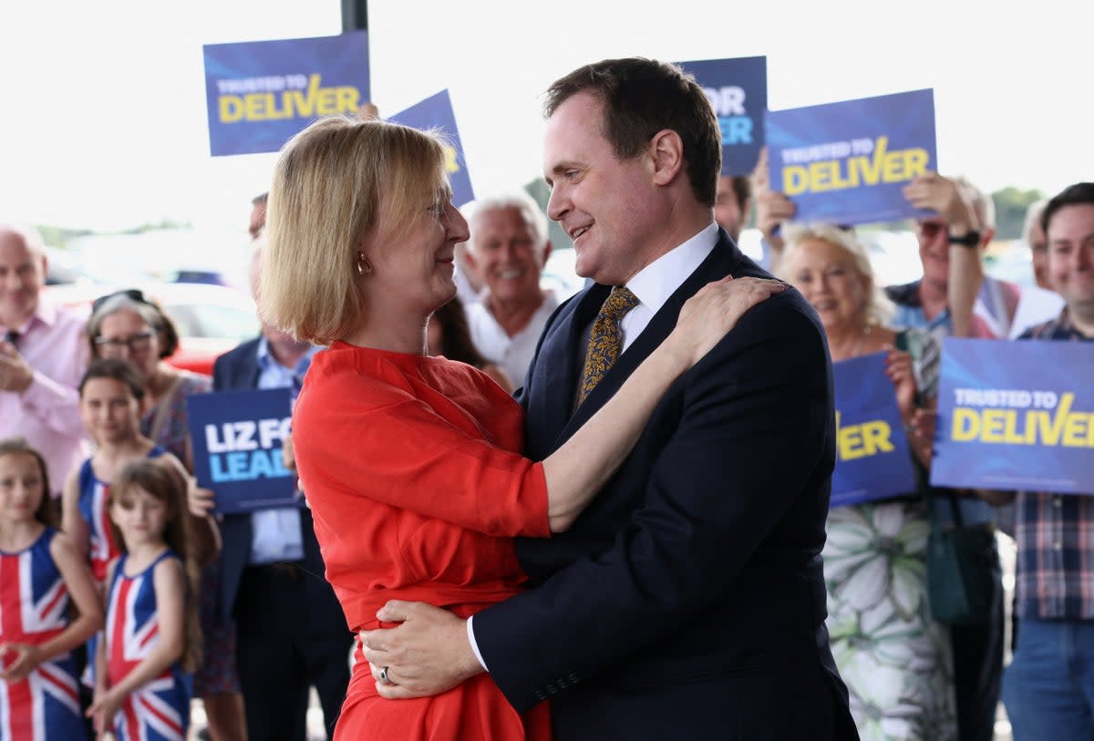 Liz Truss with supporter Tom Tugendhat at a campaign event at Biggin Hill Airport, Bromley (Henry Nicholls/PA) (PA Wire)