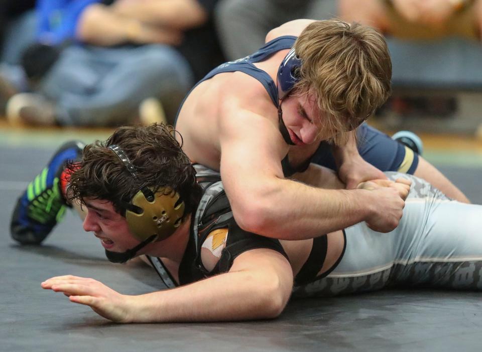 Frank Miller of Salesianum wins the state title at 215 pounds over Patrick Donahue of Cape Henlopen by pin at 4:31 during the DIAA individual wrestling championships, Saturday, March 2, 2024 at Cape Henlopen High School.