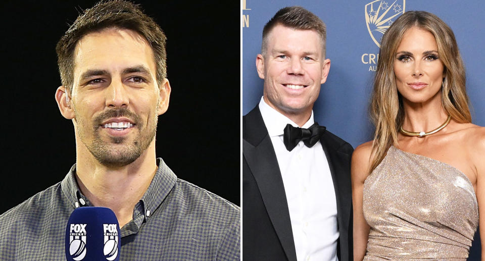 Pictured left to right, Mitchell Johnson, David and wife Candice Warner.