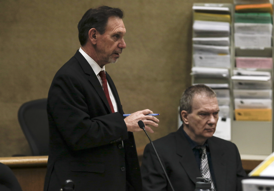 Defense attorney Ray Allen, left, stands next to his client, Stephen Deflaun, during Deflaun’s murder trial in San Luis Obispo Superior Court on Mar. 30, 2023.