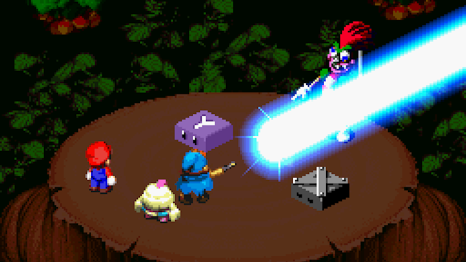Geno uses his magic wand to blast a laser beam at the evil Bowyer.