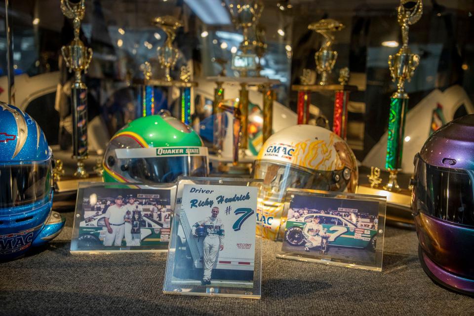 Memorabilia from Ricky Hendrick's racing career is in the trailer from his race team, which is on display inside the 58,000-square-foot Heritage Center in Concord, North Carolina, on July 25, 2023.