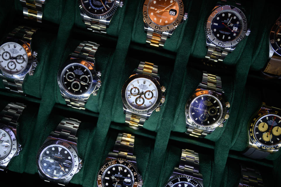 LONDON, ENGLAND - MARCH 19: A tray of Rolex watches are seen on a dealer's stand at the London Watch Show on March 19, 2022 in London, England. Billed as London's largest ever watch show, the London Watch Show 2022 includes display stands for luxury watch dealers, manufacturers and watch-lover lifestyle products. The event runs March 18-20 at the Grosvenor House hotel on Park Lane, London. (Photo by Leon Neal/Getty Images)