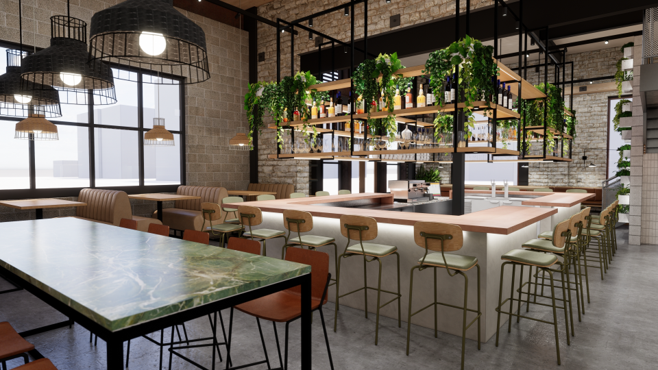 An artist's rendering of the interior of Prim Mason, a restaurant planned for the Gravity residential and office development in Franklinton. Orange Umbrella Restaurant Group, which will own the restaurant, is targeting a spring 2024 opening.