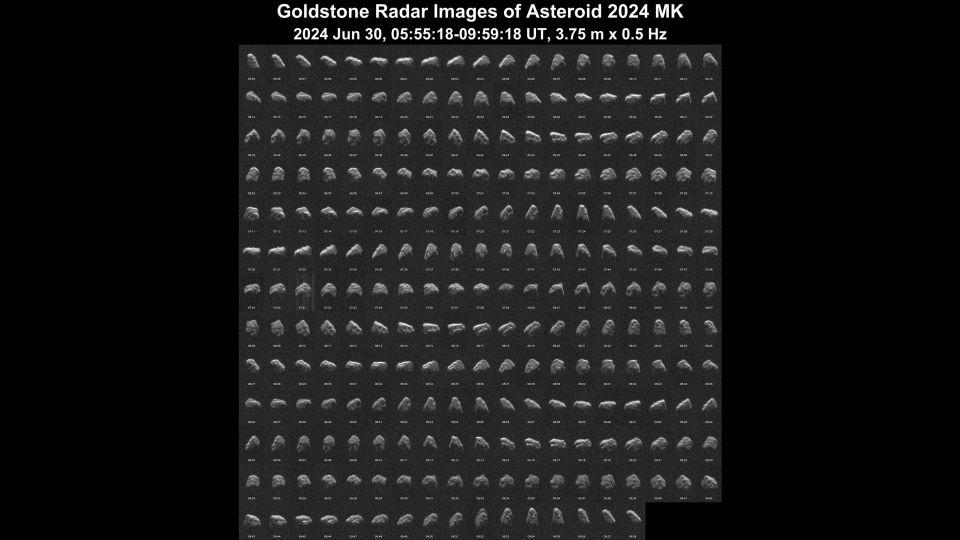A mosaic shows 2024 MK as the asteroid spins in one-minute increments about 16 hours after its closest approach with Earth. - NASA/JPL-Caltech