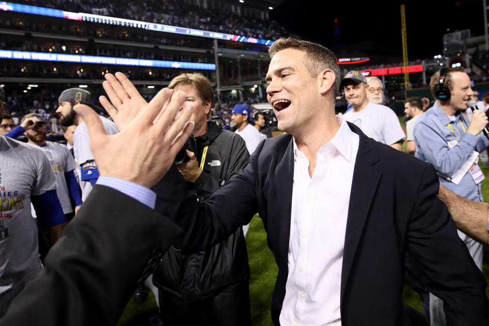 CLEVELAND, OH - NOVEMBER 02:  President of Baseball Operations for the Chicago Cubs Theo Epstein reacts after the Cubs defeated the Cleveland Indians 8-7 in Game Seven of the 2016 World Series at Progressive Field on November 2, 2016 in Cleveland, Ohio. The Cubs win their first World Series in 108 years.  (Photo by Ezra Shaw/Getty Images)