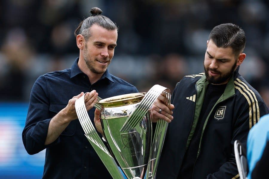 LOS ANGELES, CALIFORNIA – MARCH 04: Gareth Bale carries the MLS club out to the field prior to a game between the Portland Timbers and the Los Angeles Football Club at BMO Stadium on March 04, 2023 in Los Angeles, California. (Photo by Michael Owens/Getty Images)