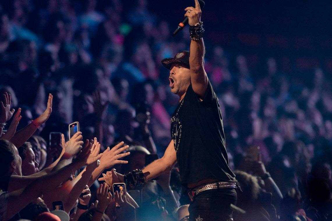 Donnie Wahlberg plunges into the crowd as New Kids on the Block plays in concert on the “Mixtape 2022 Tour” at Raleigh, N.C.’s PNC Arena, Friday night, July 22, 2022.