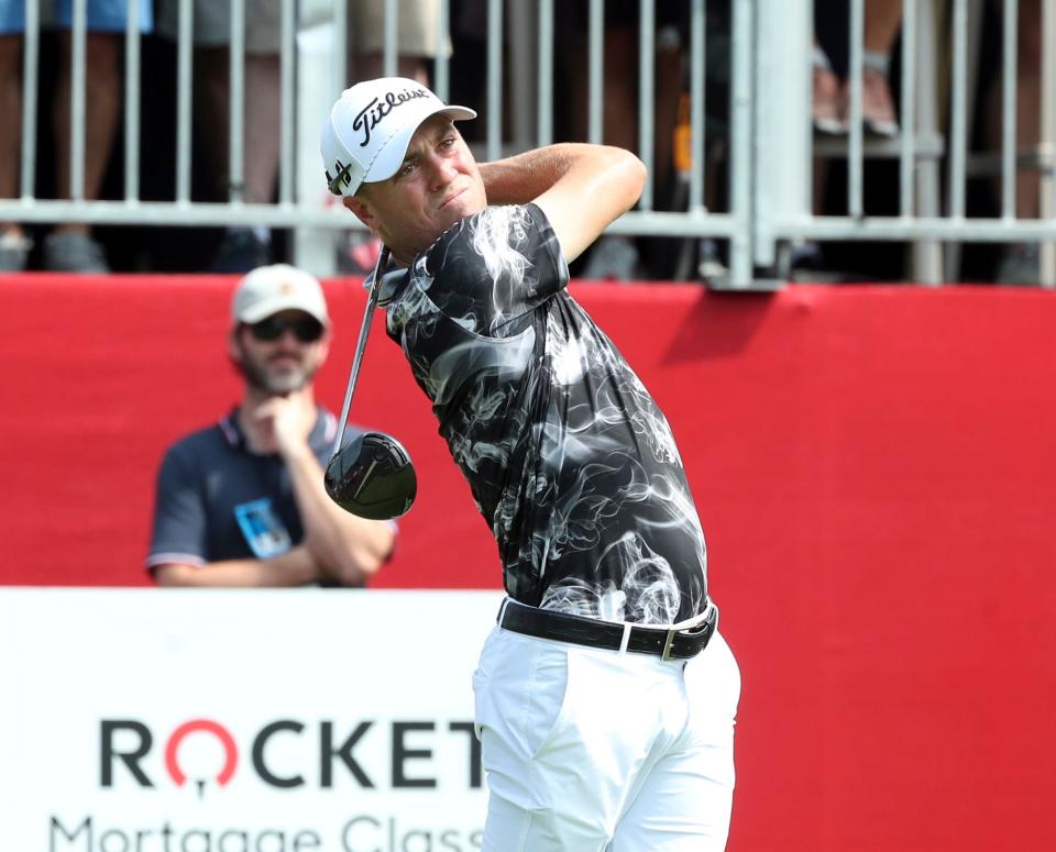 Justin Thomas tees off on the sixth hole during Round 2 of the Rocket Mortgage Classic on Friday, June 29, 2023, at the Detroit Golf Club.