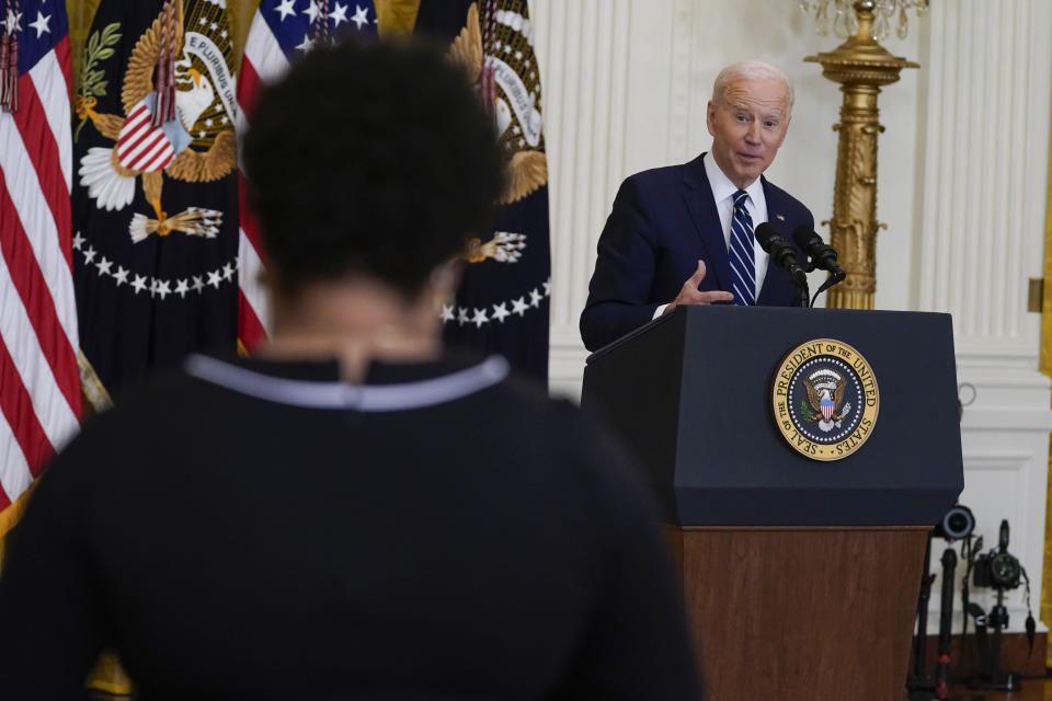 FILE - President Joe Biden speaks during a news conference in the East Room of the White House, March 25, 2021, in Washington. As President Joe Biden wraps up his first year in the White House, he has held fewer news conferences than any of his five immediate predecessors at the same point in their presidencies, and has taken part in fewer media interviews than any of his recent predecessors. That's according to new research from Towson University professor emerita Martha Joynt Kumar. (AP Photo/Evan Vucci, File)