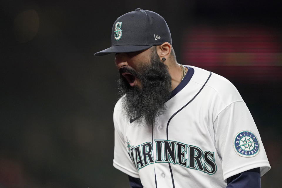 Seattle Mariners pitcher Sergio Romo reacts after the top of the eighth inning of the team's baseball game against the Oakland Athletics, Tuesday, May 24, 2022, in Seattle. (AP Photo/Ted S. Warren)