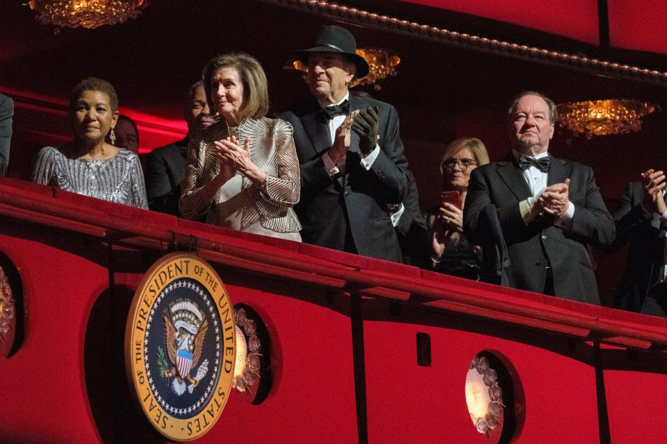 House Speaker Nancy Pelosi of Calif., and her husband Paul Pelosi attend the 45th Kennedy Center Honors at the John F. Kennedy Center for the Performing Arts in Washington, Sunday, Dec. 4, 2022. (AP Photo/Manuel Balce Ceneta) ORG XMIT: DCMC464