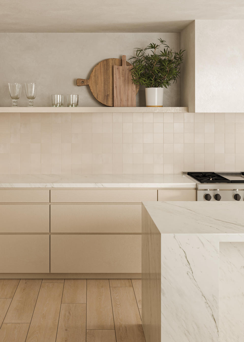 cream kitchen with zellige tiles