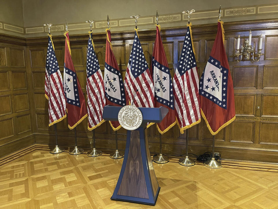 The wood-paneled lectern in the governor's conference room at the Arkansas Capitol, Tuesday.  (Andrew DeMillo/AP)
