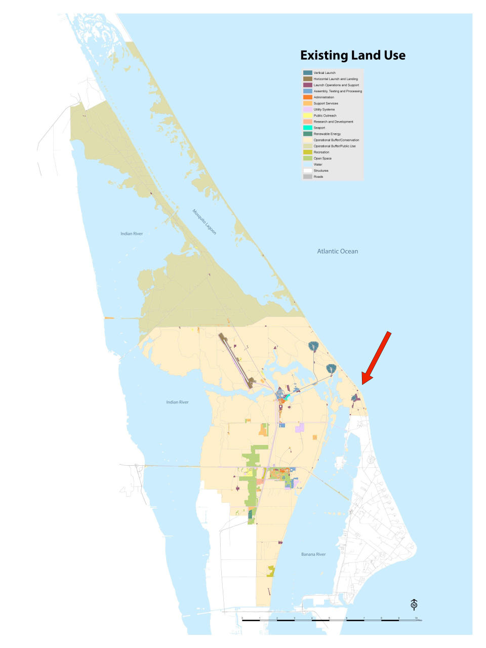 A NASA land use map shows that Space Launch Complex-41, indicated by a red arrow, is on the grounds of the Kennedy Space Center.