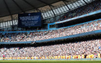 <p>Soccer Football – Premier League – Manchester City vs Huddersfield Town – Etihad Stadium, Manchester, Britain – May 6, 2018 General view of the big screen displaying a message to fans before the end of the match Action Images via Reuters/Carl Recine EDITORIAL USE ONLY. No use with unauthorized audio, video, data, fixture lists, club/league logos or “live” services. Online in-match use limited to 75 images, no video emulation. No use in betting, games or single club/league/player publications. Please contact your account representative for further details. </p>