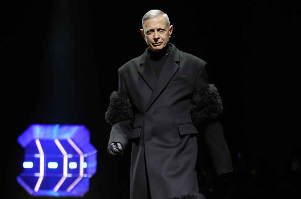 United States' actor Jeff Goldblum wears a creation as part of the Prada men's Fall-Winter 2022-23 collection, unveiled during the Fashion Week in Milan, Italy, Sunday, Jan. 16, 2022. (AP Photo/Luca Bruno)