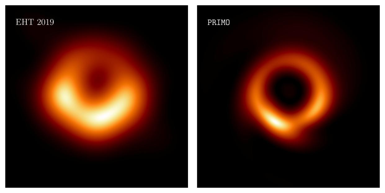This combination of images provided by researcher Lia Medeiros shows images of the M87 black hole released in 2019, left, and an updated one for 2023.