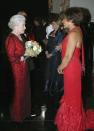 <p>Queen Elizabeth and singer Shirley Bassey had a major twinning moment while backstage at the Royal Variety Performance. Red is really both of their colors.</p>