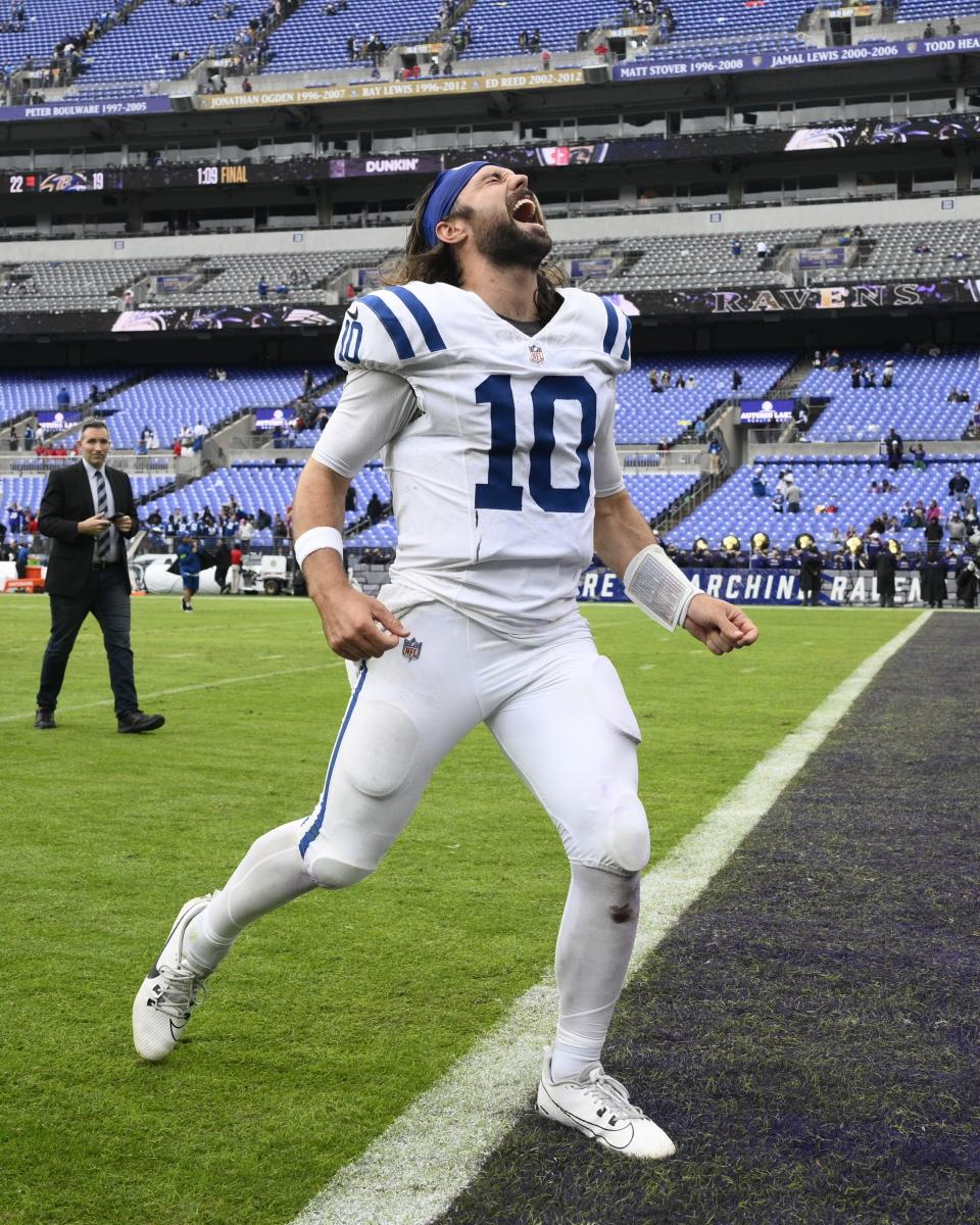 Indianapolis Colts quarterback Gardner Minshew celebrates after the Indianapolis Colts defeated the Baltimore Ravens in overtime of an NFL football game, Sunday, Sept. 24, 2023, in Baltimore. (AP Photo/Nick Wass)