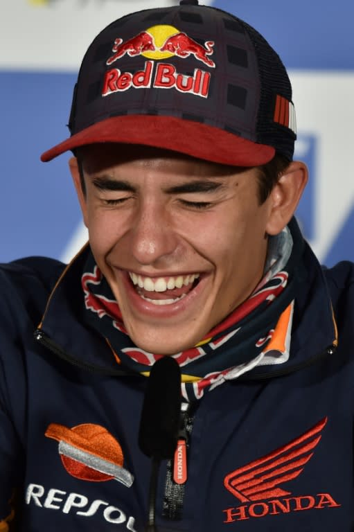 Repsol Honda Team rider Marc Marquez of Spain laughs during a press conference ahead of the 2017 Australian Grand Prix, at Phillip Island, on October 19