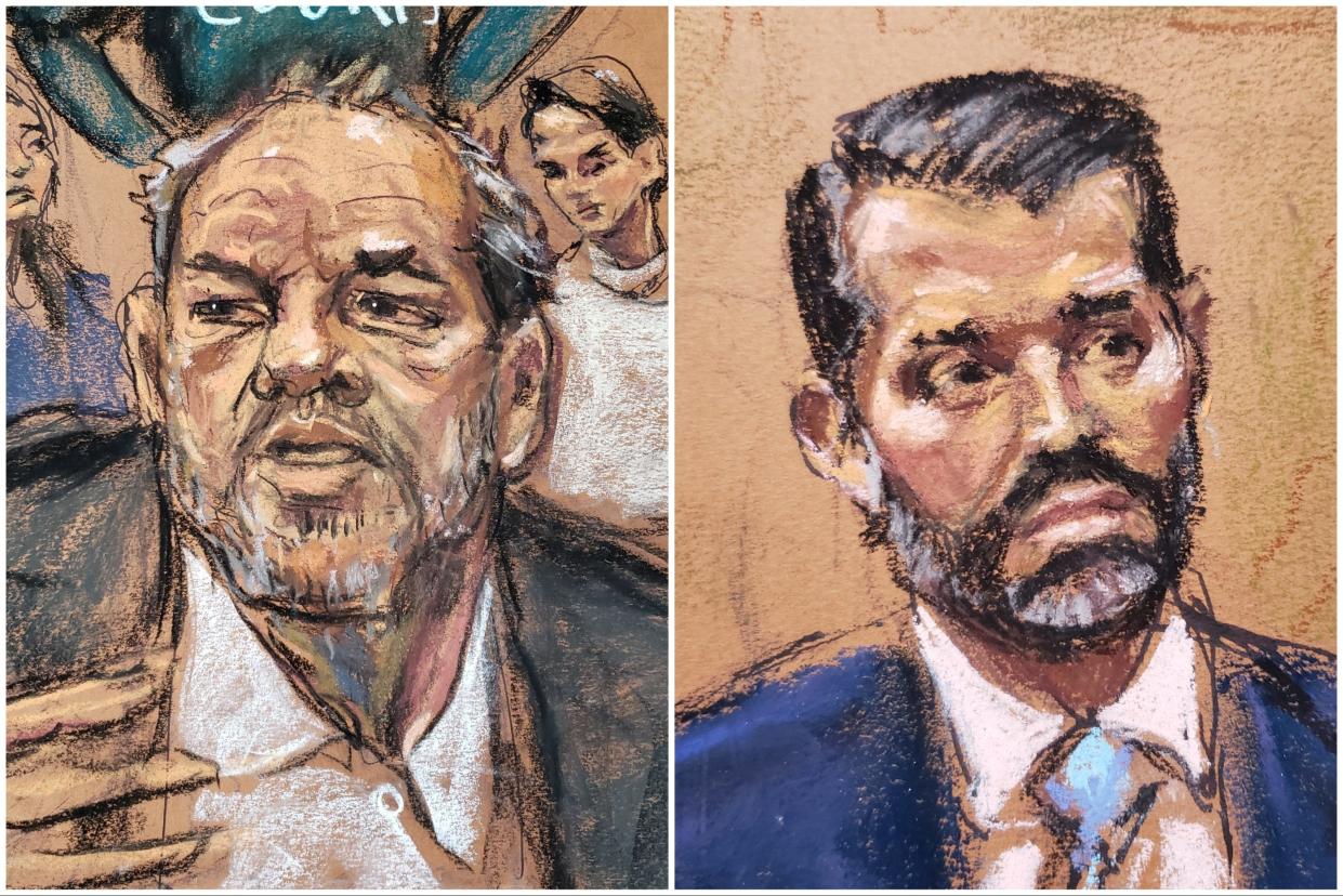 A courtroom sketch of Harvey Weinstein and Donald Trump Jr.