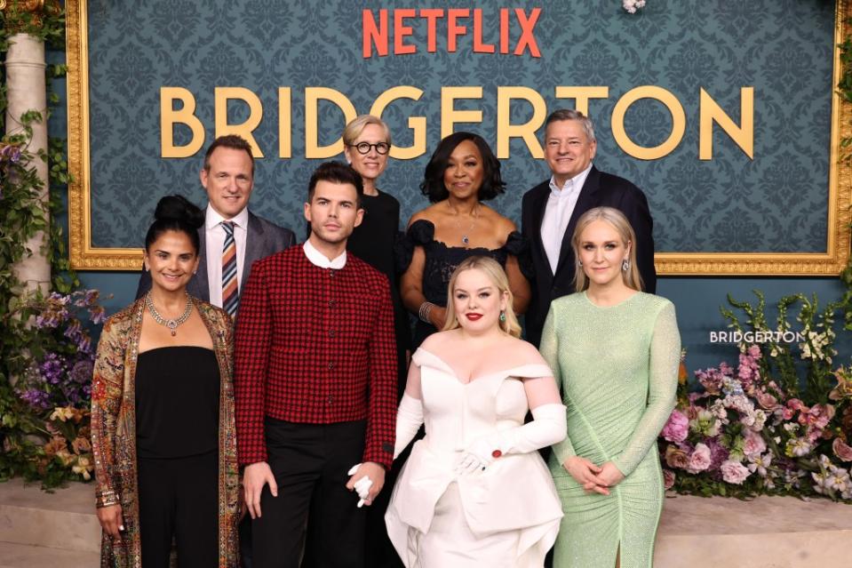 Bela Bajaria, Tom Verica, Luke Newton, Betsy Beers, Shonda Rhimes, Nicola Coughlan, Ted Sarantos and Jess Brownell at the “Bridgerton” Season 3 premiere. Getty Images