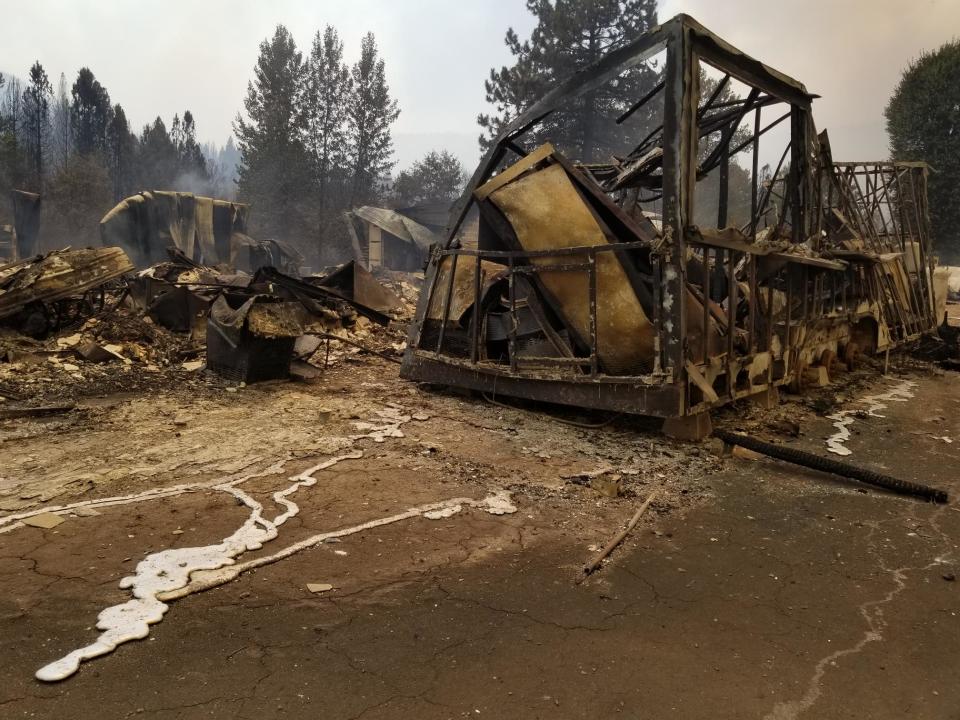 Scene of devastation from Greenville, Calif., on Thursday, Aug. 5, 2021. The Dixie Fire swept through the small Sierra Nevada community on Wednesday night.