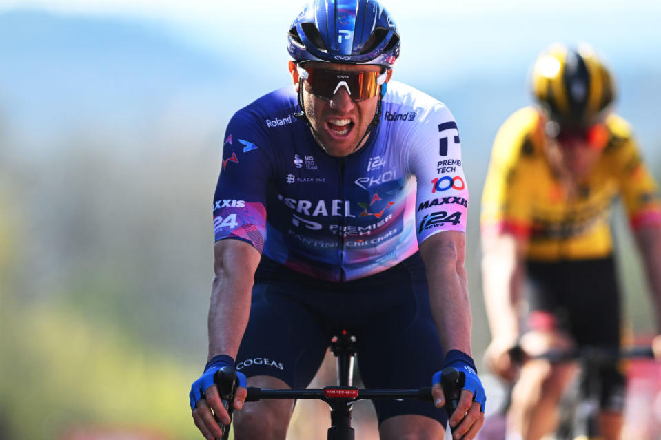 HUY BELGIUM  APRIL 19 Michael Woods of Canada and Team Israel  Premier Tech crosses the finish line during the 87th La Fleche Wallonne 2023 Mens Elite a 1943km one day race from Herve to Mur de Huy  UCIWT  on April 19 2023 in Huy Belgium Photo by Luc ClaessenGetty Images