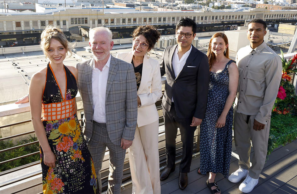 Madeleine Arthur, Tom Keegan, Lisa Edelstein, Gene Back, Bonnie Wright and Greg Tarzan Davis attend the Yugo BAFTA Student Awards on July 27, 2023 in Los Angeles, California.