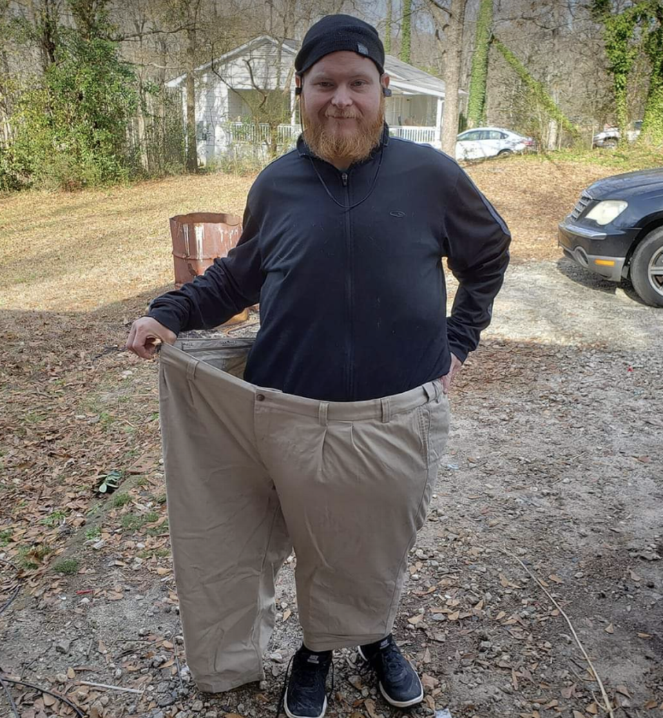 About half way through his weight loss, Jared Burger could fit into one leg of the pants he wore when he weighed more than 675 pounds.