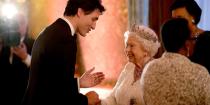 <p>The queen looked excited to meet Canadian Prime Minister Justin Trudeau for a Commonwealth dinner for state officials at Buckingham Palace.</p>