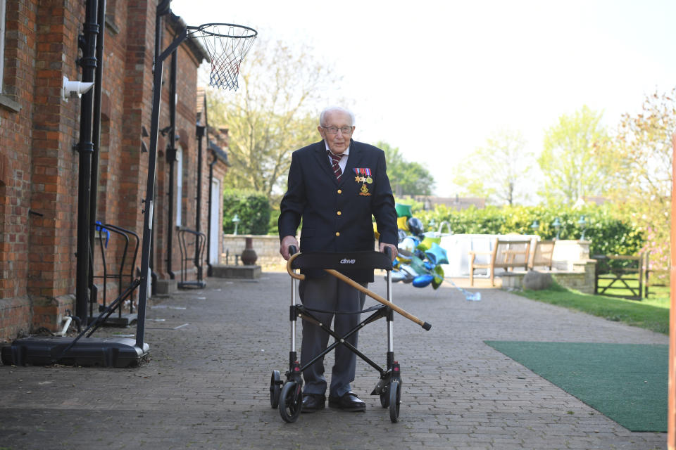 99-year-old war veteran Captain Tom Moore at his home in Marston Moretaine, Bedfordshire, after he achieved his goal of 100 laps of his garden - raising more than 12 million pounds for the NHS.