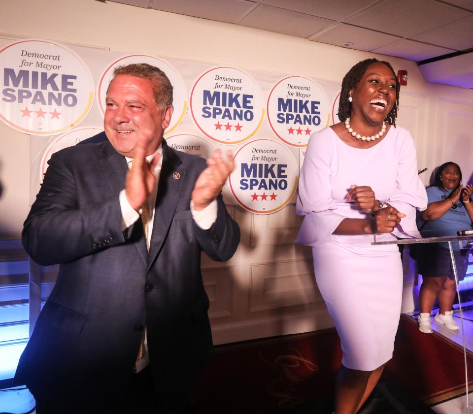 Yonkers City Councilwoman Shanae Williams celebrates with Mayor Mike Spano after defeating three-term incumbent Chris Johnson in the race for the 15th District of the county Board of Legislators June 27, 2023.  