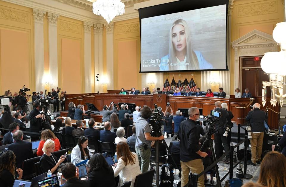 <div class="inline-image__caption"><p>Ivanka Trump’s testimony is played on screen during the hearing.</p></div> <div class="inline-image__credit">Mandel Ngan/AFP via Getty</div>