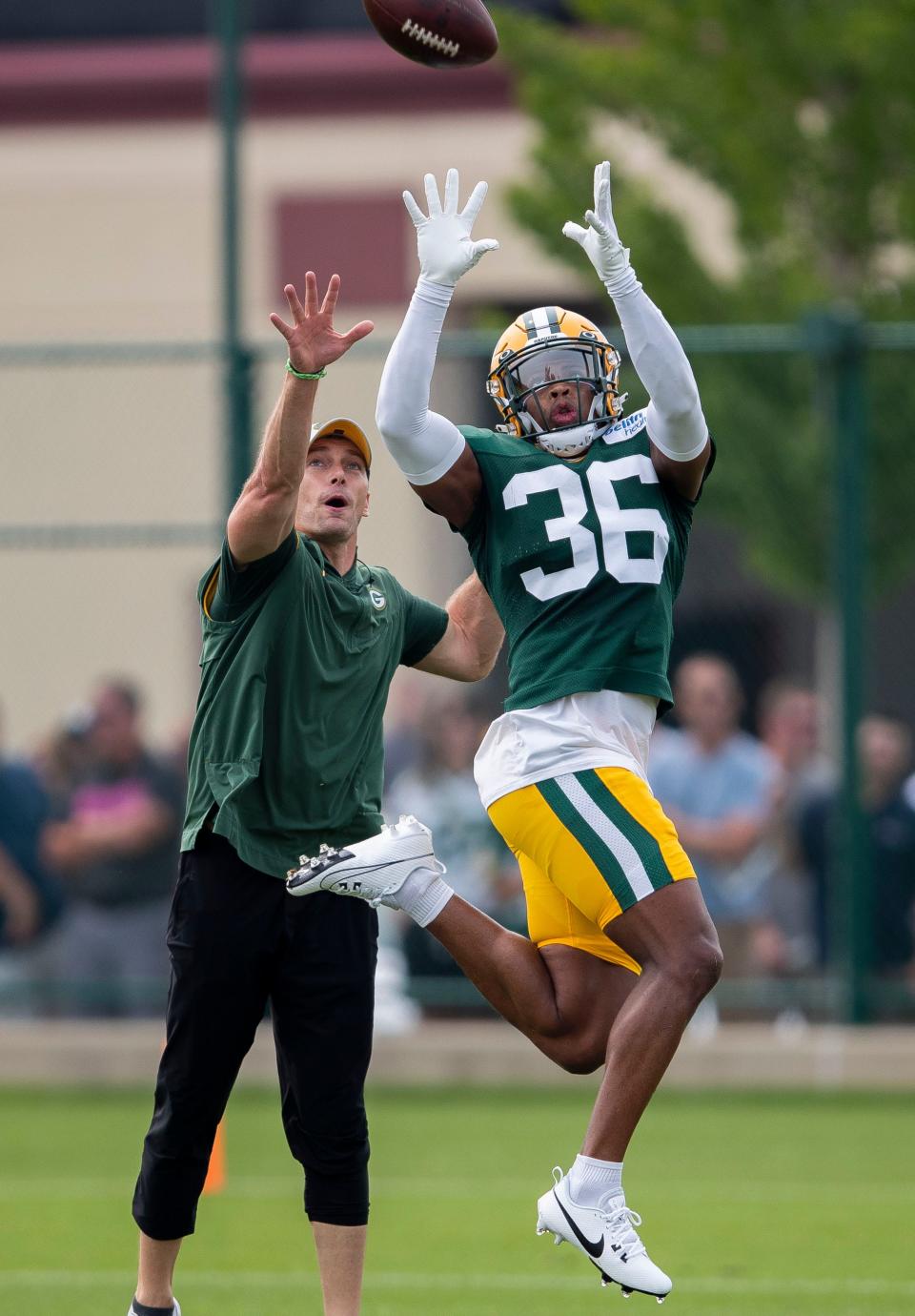 Green Bay Packers safety Anthony Johnson Jr. (36) intercepts a pass in a takeaway drill during practice on Tuesday, August 1, 2023, at Ray Nitschke Field in Green Bay, Wis. Tork Mason/USA TODAY NETWORK-Wisconsin