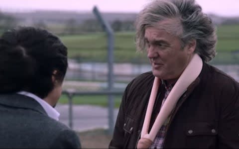 James May appeared with his arm in a sling in the first series of The Grand Tour - Credit: Amazon