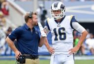 Sep 17, 2017; Los Angeles, CA, USA; Los Angeles Rams head coach Sean McVay talks with quarterback Jared Goff (16) during a time out in the game against the Washington Redskins at the Los Angeles Memorial Coliseum. Jayne Kamin-Oncea-USA TODAY Sports