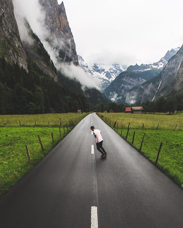 <p>People often say to take the road less traveled, but in this case (and for the perfect photo op), we suggest you take the famous Lauterbrunnen road. The road is located in Bern, the capital city of Switzerland, specifically in a valley in the <a rel="nofollow noopener" href="http://www.elledecor.com/life-culture/travel/a8921/null-stern-swiss-hotel-without-walls/" target="_blank" data-ylk="slk:Alps;elm:context_link;itc:0;sec:content-canvas" class="link ">Alps</a>. Its <a rel="nofollow noopener" href="http://www.myswitzerland.com/en-us/lauterbrunnen.html" target="_blank" data-ylk="slk:surroundings;elm:context_link;itc:0;sec:content-canvas" class="link ">surroundings</a> include beautiful mountains, greenery, waterfalls and meadows.</p>