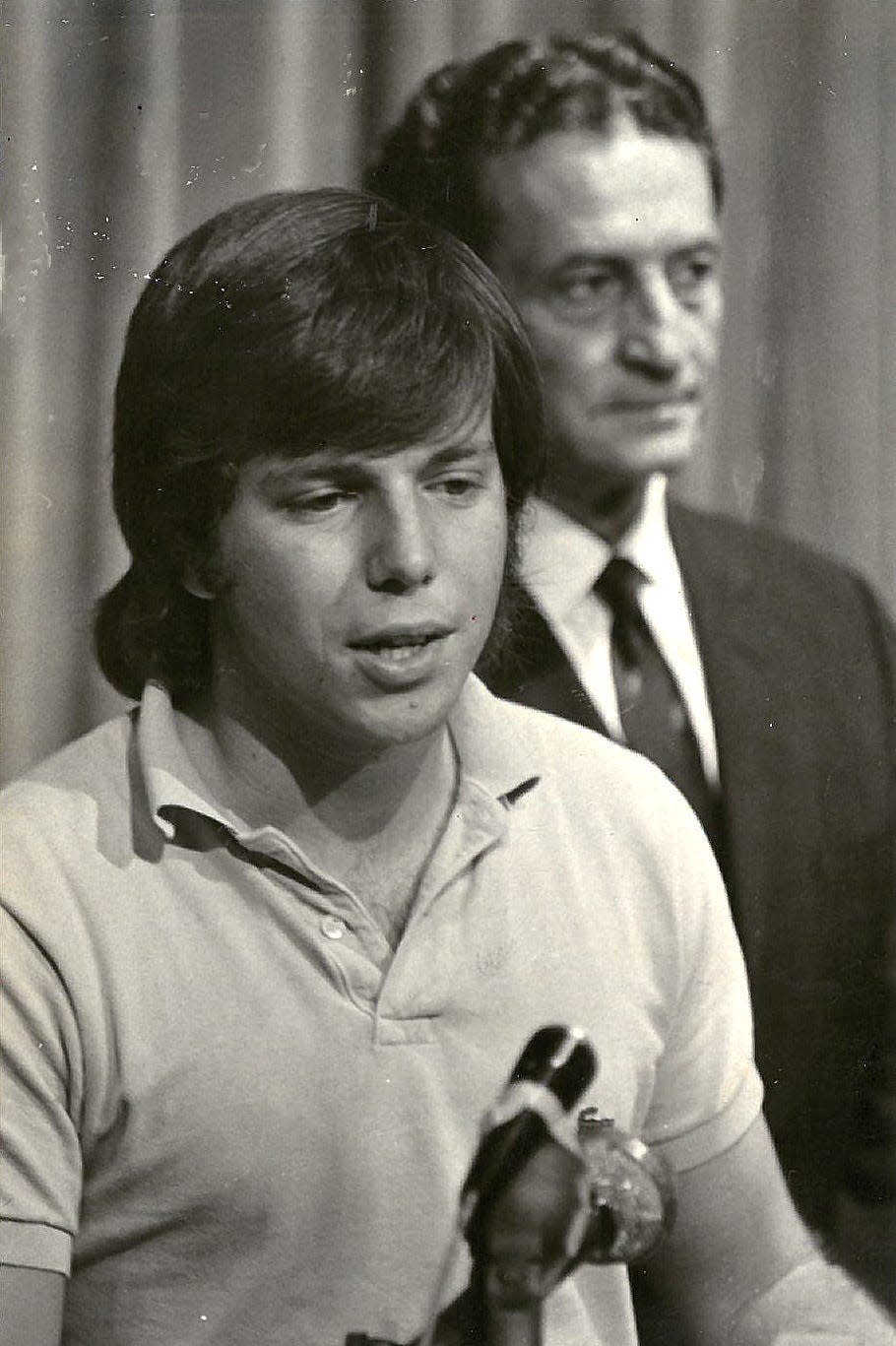 In this 1971 file photo, Ron Sachs, the former editor of the Florida Alligator, talks at a press conference after he is released from jail over publishing a list of abortion counseling services, which at the time was illegal. University of Florida president Stephen C. O'Connell is seen behind Sachs at the press conference. This incident and other issues over censorship caused a rift between the school newspaper and UF which ultimately led to the split between the two. The newspaper later became the Independent Florida Alligator.