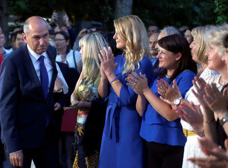 Janez Jansa, leader of the Slovenian Democratic Party (SDS), arrives for press conference after the general election in Ljubljana, Slovenia, June 3, 2018. REUTERS/Borut Zivulovic