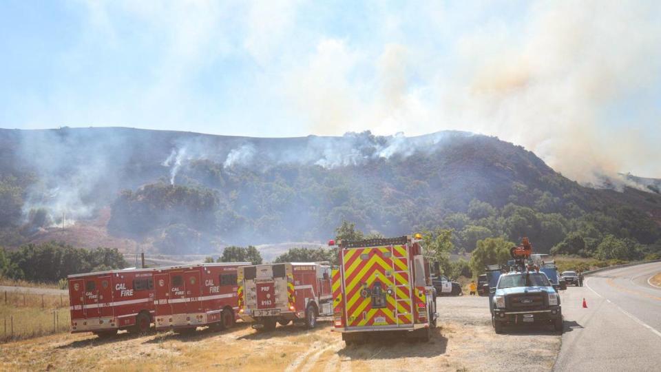 Cal Fire, PG&E, Paso Robles Fire and SLO County sheriff’s deputies stage near the gate to the Negranti Ranch as crews battled the Green Fire south of Highway 46 West on Oct. 6, 2023.