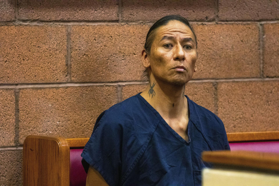 Nathan Chasing Horse sits in court in North Las Vegas, Nev., Wednesday, Feb. 8, 2023. Bail has been set at $300,000 for the former "Dances With Wolves" actor charged in Nevada with sexually abusing and trafficking Indigenous women and girls. (AP Photo/Ty O'Neil)