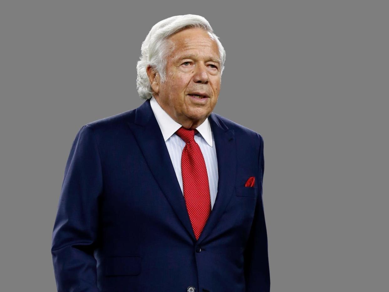 Robert Kraft headshot, as New England Patriots owner, graphic element on gray