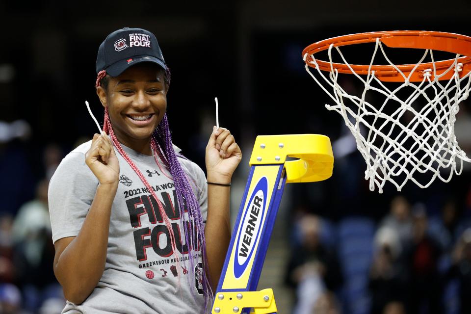 South Carolina standout Aliyah Boston celebrates an Elite Eight victory on March 27, 2022 in Greensboro, N.C.