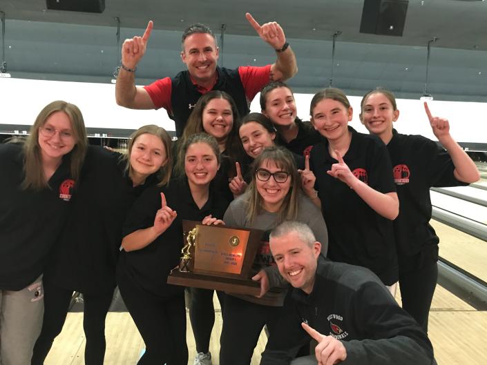 The Westwood girls bowling team is No. 1 in Group 1 at the NJSIAA team finals on Monday, Feb. 14, 2022 at Bowlero North Brunswick. The Cardinals topped North 1 sectional rival Holy Angels, 2,320-2,268, for the title.