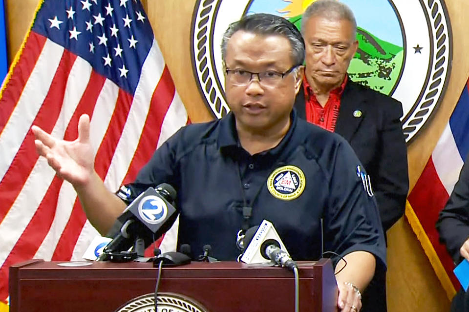 Herman Andaya, Maui County Emergency Management Agency Administrator speaks to the media in Maui, Hawaii, on Aug. 16, 2023. (KHNL)