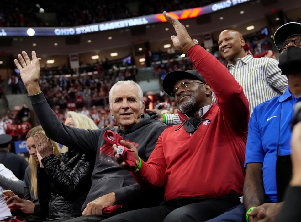 Jerry Lucas, Archie Griffin and Ryan Shazier are recognized on the scoreboard prior to a game between Ohio State Buckeyes and Duke on Nov. 30, 2021.